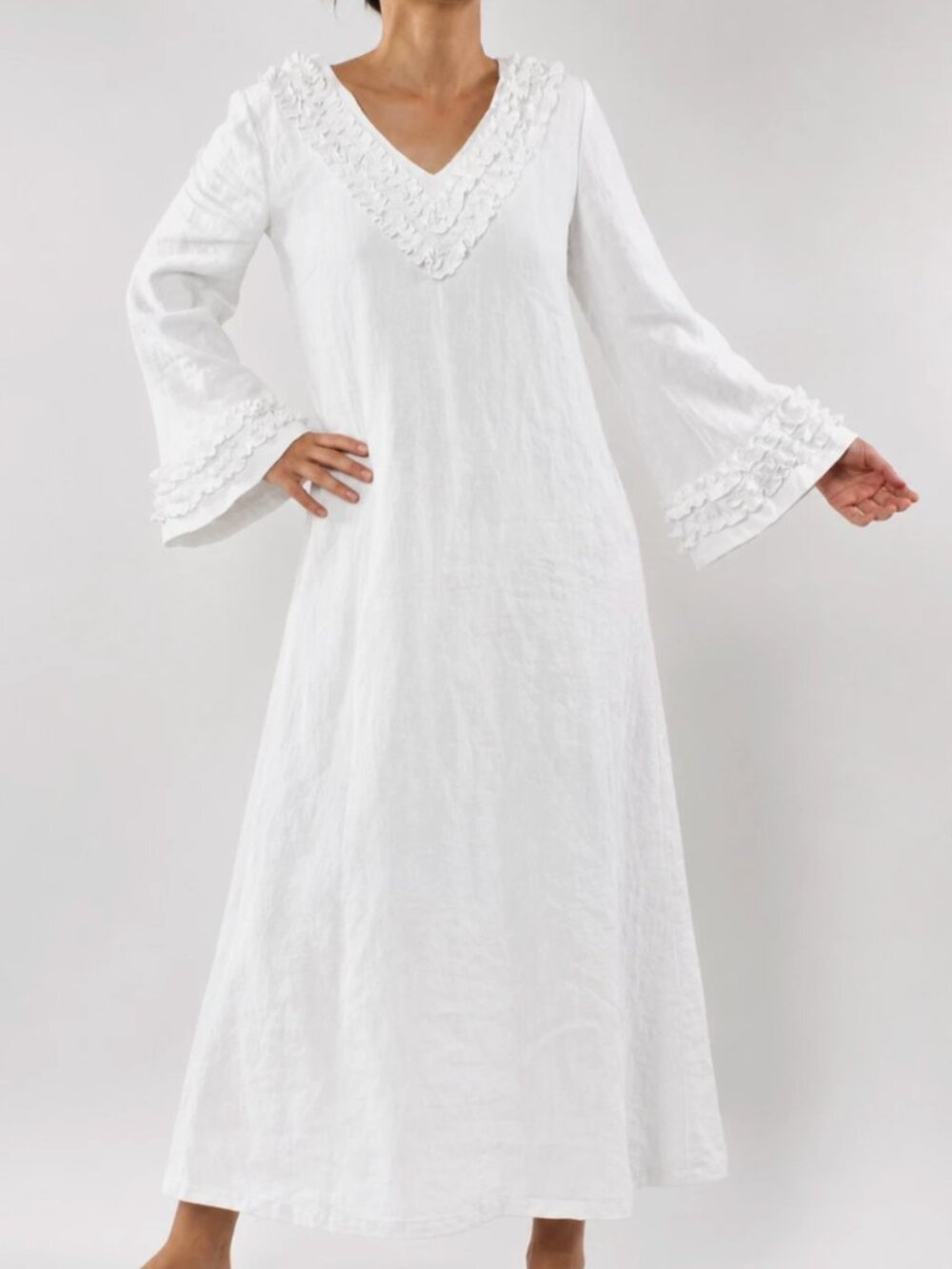 Linen Shed French Girl Long Ruffled Linen Night Dress Lounge Beach Coverup Sz 6
